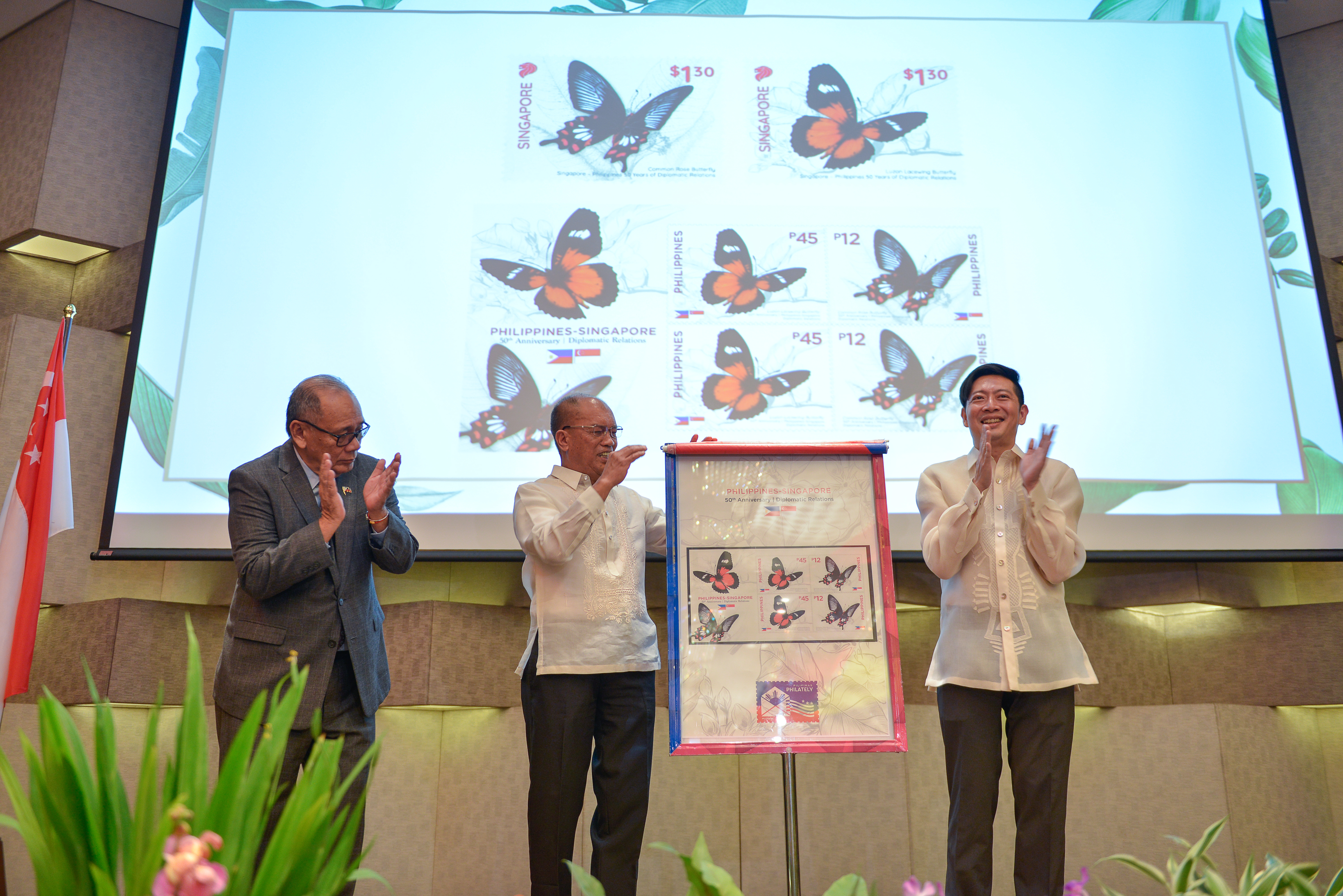 Ambassador Gerard Ho, Acting Secretary Abella, and Postmaster General Joel Otarra also unveiled a set of joint commemorative stamps issued by the Singapore Post and the Philippine Postal Corporation