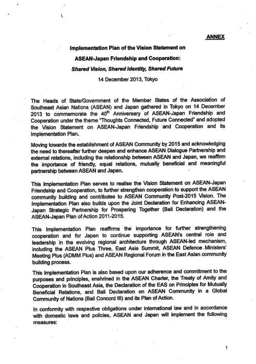 Implementation Plan of the Vision Statement on ASEAN-Japan Friendship and Cooperation - Shared Vision, Shared Identify, Shared Future-1