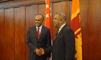 Minister for Foreign Affairs and Minister for Law K Shanmugam meeting Sri Lankan Minister of Foreign Affairs Mangala Samaraweera on 23 February 2015 in Colombo.