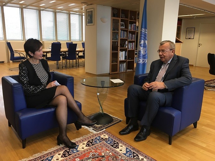 Meeting between Senior Minister of State (Prime Minister’s Office, Ministry of Foreign Affairs and Ministry of Transport) Mrs Josephine Teo and Executive Director of the UN Office on Drugs and Crime (UNODC) and Director-General of the UN Office at Vienna (UNOV) Mr Yury Fedotov in Vienna on 3 October 2016 (Photo Credit: MFA)